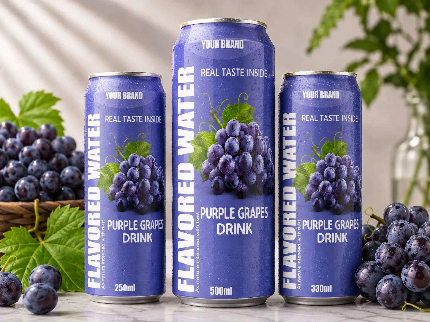 FLAVORED WATER purple grapes drink cans in 250ml, 330ml and 500ml sizes.